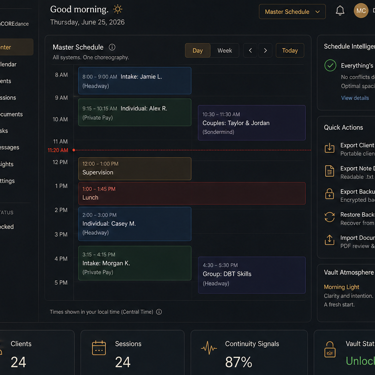 ConCOREdance product window concept showing a calm clinical memory dashboard